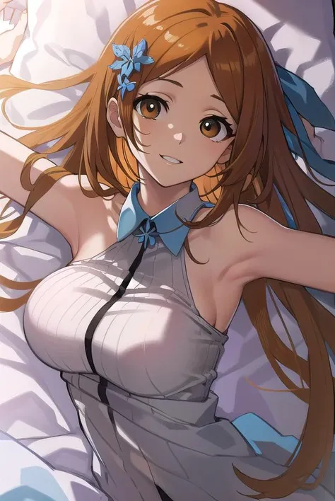 inoueorihime, <lora:inoueorihime-000051:1>, inoue orihime, orange, hair, long hair, (brown eyes:1.5), hairpin, smile, (medium breast:1.2), BREAK looking at viewer, BREAK school uniform BREAK indoors, bed, bedroom, BREAK <lora:GoodHands-vanilla:1>, (masterpiece:1.2), best quality, high resolution, unity 8k wallpaper, (illustration:0.8), (beautiful detailed eyes:1.6), extremely detailed face, perfect lighting, extremely detailed CG, (perfect hands, perfect anatomy),