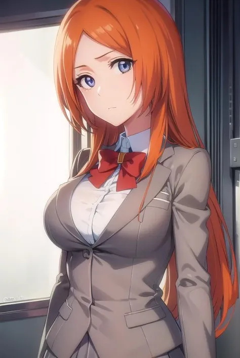 best quality, masterpiece, 1girl, raytracing, ultra detailed,detailed face, 8k wallpaper, wide hips, <lora:more_details:0.5>, smile, InoueOrihime_NDV, 1girl, orange hair, large breasts, long hair, grey eyes, (school uniform:1.2), grey skirt, grey jacket,shirt outdoor, <lora:InoueOrihime_NDV:0.7>
