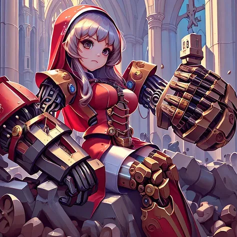 <lora:grabbygrills:0.75>, grabbygrills,  beautiful  chibi woman with  (oversized mechanical gauntlet fists),  red nun outfit, cathedral background, (perfect face, perfect hair:1.24)