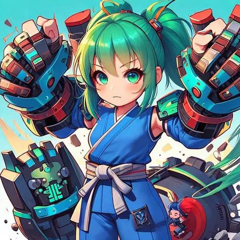 <lora:grabbygrills:0.6>, grabbygrills, chibi girl with (oversized mechanical gauntlets:0.8), blue karate gi, green hair, red ponytail, dojo background