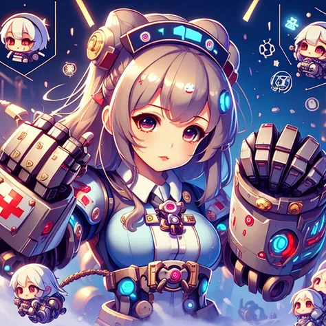 <lora:grabbygrills:0.75>, grabbygrills, beautiful chibi woman with (oversized:1.24) (mechanical gauntlet fists), nurse outfit, cathedral background, (perfect face, perfect hair:1.24), <lora:hackingui:0.65>, hud, gui, user interface, hackingui, soft lighting