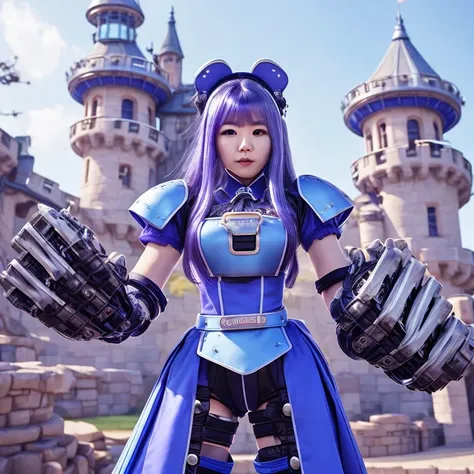<lora:grabbygrills:0.8>, grabbygrills, beautiful korean woman with (oversized mechanical gauntlets:1.05), blue maid outfit, purple hair, castle background, (perfect face, perfect hair:1.24)