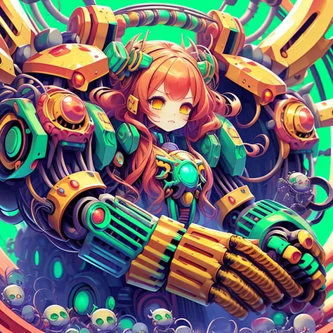 <lora:grabbygrills:0.95>, grabbygrills, chibi (hypnotic demon mecha with oversized:1.24) (mechanical gauntlet fists), red skin, red hair, in hyperspace, (perfect face, perfect hair:1.2), (yellow and green background:1.3), soft lighting, <lora:BimbusAccumulus:0.65> bimbusaccumulus