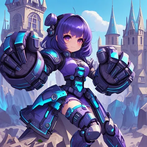 <lora:grabbygrills:0.6>, grabbygrills, chibi girl with (oversized mechanical gauntlets:0.65), blue maind outfit, purple hair, castle background