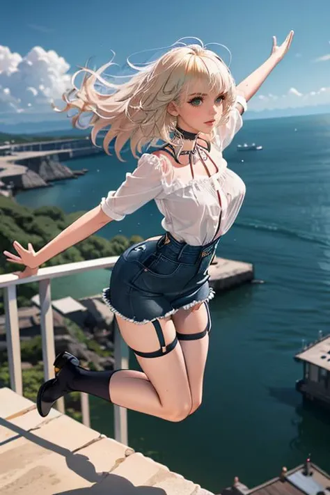 (masterpiece, best quality), 1girl, Platinum Blonde Slicked-Back Pompadour, Size C breasts, Sea green Blouse and Fringed denim skirt with a Western flair, garter straps, Jumping in the air with arms raised.,  <lora:kincora_style_v05.77:1>