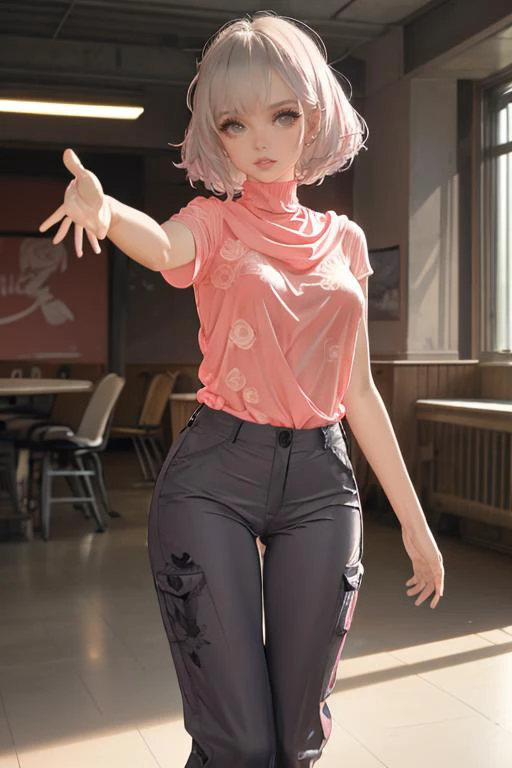 (masterpiece, best quality), 1girl, Rose pink Slicked-Back Undercut with Fade, Size C breasts, Ash gray Printed silk blouse with a draped cowl neck. and Corduroy pants, bare, Balancing on a narrow surface, arms outstretched, showing gracefulness.,  <lora:kincora_style_v05.77:1>