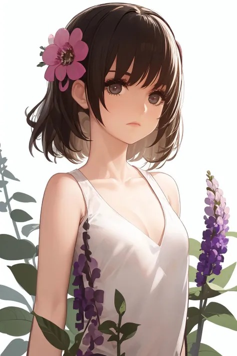 portrait, solo, 1girl, looking to the side, smile, sleeveless shirt, flat chest, frontlighting, Buddleia \(flower\), floral background <lora:Kincora_style_v03.1:1>