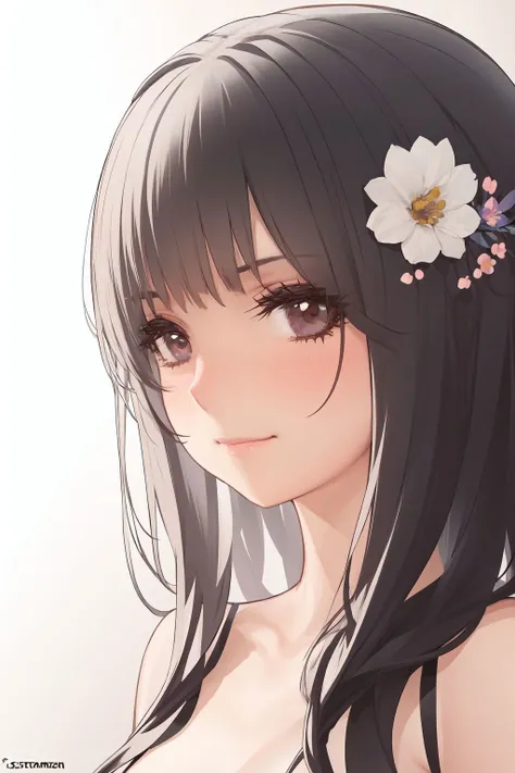 portrait, solo, 1girl, looking afar, smile, blush, small breasts, frontlighting, Stenamezon \(flower\), floral background <lora:kincora_style_v05.77:1>