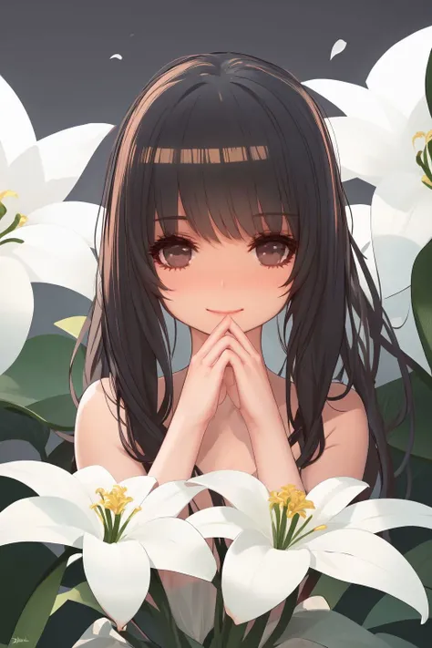 upper body, solo, 1girl, look up to, smile, blush, flat chest, dim light, Lilly-of-the-Valley \(flower\), floral background <lora:kincora_style_v05.77:1>