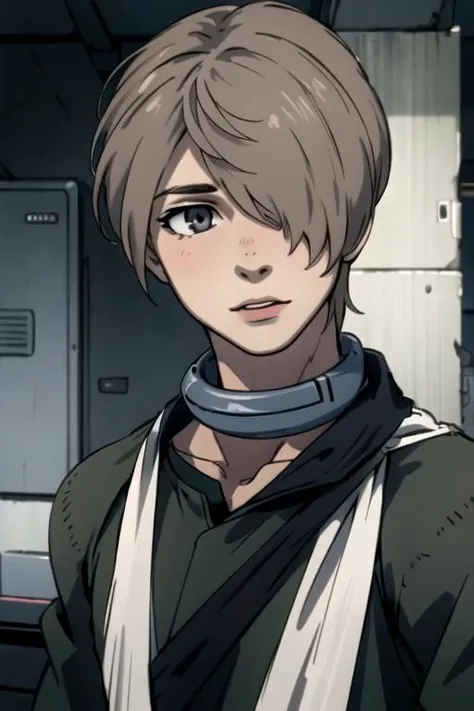 masterpiece, best quality, , 1boy, solo, male focus, looking at viewer, upper body, depth of field, ligne claire, realistic, <lora:you_takami:0.78>, you_takami, taupe hair, grey eyes, hair over one eye, short hair, knight costume, ,
