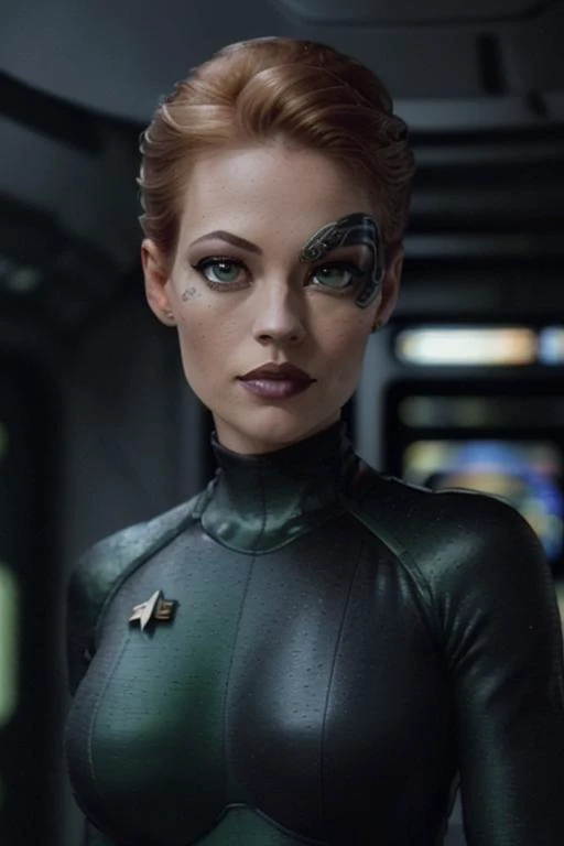 <lora:sevenofnine:0.6>,,sevenofnine, photo of a woman, ((short hair, black hair):1.1), ((hair tied back)),((outdoors, detailed scifi spaceship, computer panels, green bodysuit):1.1), serious, ((dark lipstick, heavy eyeliner, heavy eye shadow, goth makeup, blush)), ((best quality, masterpiece, extreme details, high resolution):1.2),((detailed eyes, beautiful eyes, detailed face, beautiful face):1.2)