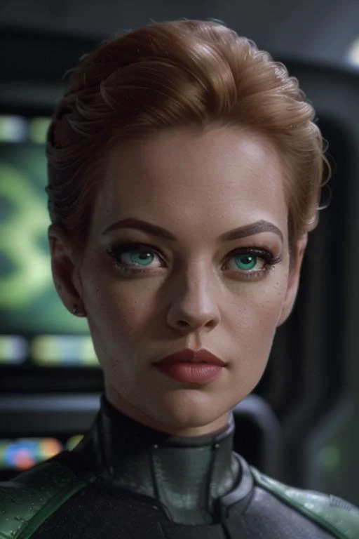 <lora:sevenofnine:0.6>,,sevenofnine, photo of a woman, ((short hair, black hair):1.1), ((hair tied back)),((outdoors, detailed scifi spaceship, computer panels, green bodysuit):1.1), serious, (( lipstick, blush)), ((best quality, masterpiece, extreme details, high resolution):1.2),((detailed eyes, beautiful eyes, detailed face, beautiful face):1.2)