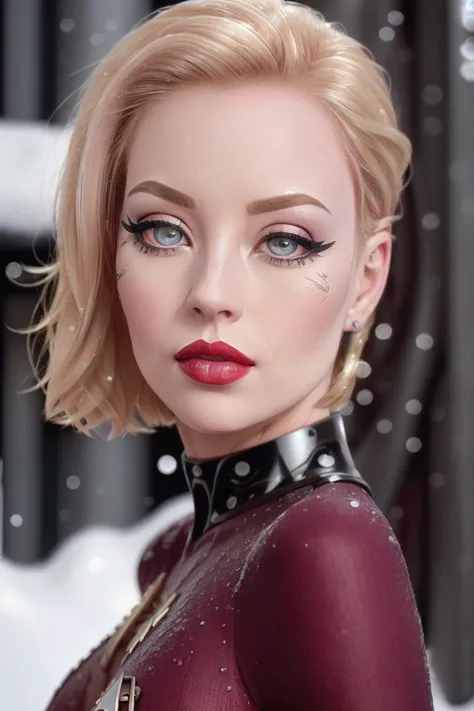 photo of a woman, <lora:sevenofnine-03:0.6>, seven of nine, ((pale skin):1.1), ((blonde hair, short hair):1.1),((black bodysuit, metal implants, metal communicator badge):1.1), ((closeup, portrait):1.1), ((outdoors, city, snow):1.2),((red lipstick, eyeliner, eye shadow, blush):1.2), ((best quality, masterpiece, extreme details, high resolution):1.2),((detailed eyes, beautiful eyes, detailed face, beautiful face):1.2)