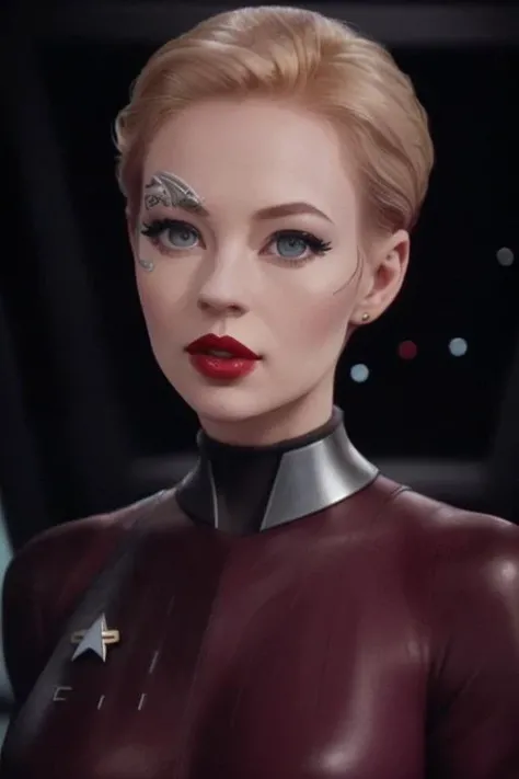 photo of a woman, <lora:sevenofnine-04:0.6>, seven of nine, ((pale skin):1.1), ((short hair, blonde hair, hair tied back):1.1),((black bodysuit, metal communicator):1.2), ((closeup, portrait)), ((windows, outer space):1.2),((red lipstick, eyeliner, eye shadow, blush):1.2), ((best quality, masterpiece, extreme details, high resolution):1.2),((detailed eyes, beautiful eyes, detailed face, beautiful face):1.2)