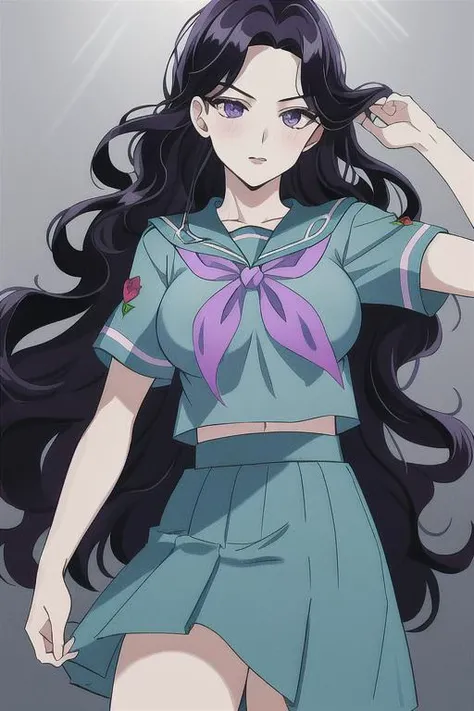 masterpiece, best quality, absurdres, 1girl, yamagishi yukako, <lora:yamagishi_yukako:0.7>, medium breasts, long hair, black hair, wavy hair, purple eyes, school uniform, rose, serafuku, teal shirt, short sleeves, teal skirt, dramatic lighting, bloom, backlighting, cowboy shot