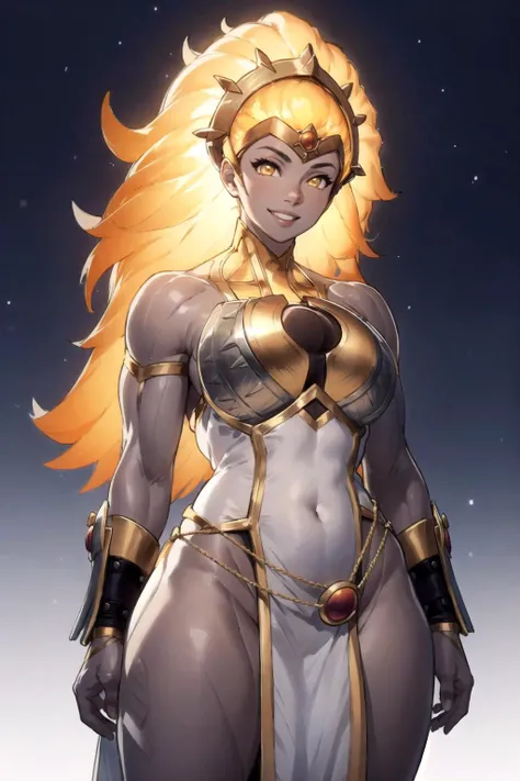 (masterpiece), best quality, downbreakerdota, 1girl, glowing hair, yellow eyes, glowing eyes, blonde hair, colored skin, grey skin, armor, breastplate, long hair, breasts, dress, long hair, no panties, pelvic curtain, solo, thick thighs, muscular, wide hips, smile, solar temple, (detailed), realistic, 8k illustration
<lora:dotaDawnbreaker:0.7>