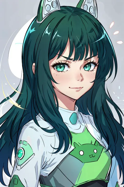 masterpiece, best quality, android-chan, green dress, upper body, portrait, smirk, furrowed brow, looking at viewer, face, close-up, grey background <lora:androidchan-nvwls-v1-000014:0.9>