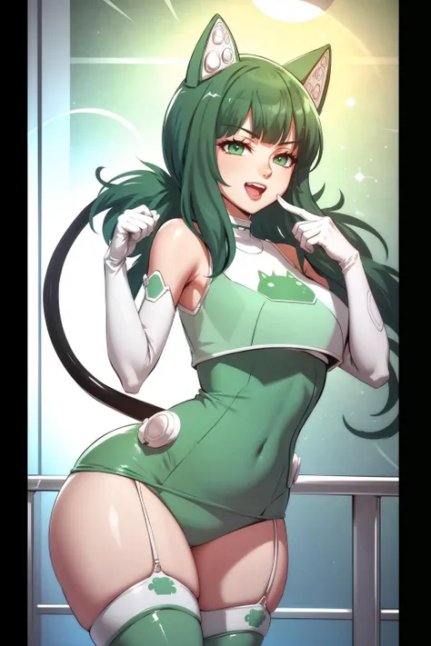 masterpiece, best quality, android-chan, green dress, elbow gloves, green thighhighs, large breasts, tail, looking at viewer, cat pose, open mouth, smug, smile <lora:androidchan-nvwls-v1-000014:0.9>