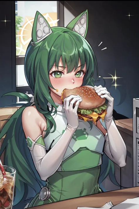 masterpiece, best quality, android-chan, green dress, elbow gloves, upper body, close-up, sitting, eating huge burger with both hands, eating, burger <lora:androidchan-nvwls-v1-000014:0.9> <lora:borger-nvwls-ver-2:0.6>