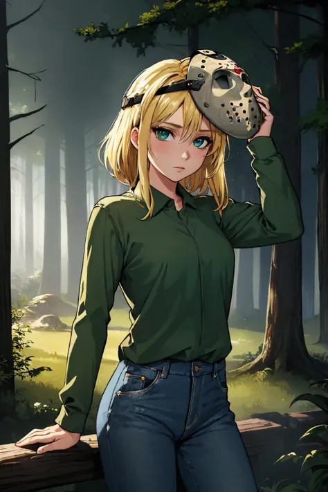 (masterpiece, best quality:1.2), cowboy shot, solo, 1girl, expressionless, looking at viewer, blonde hair, voorheescosplay, green shirt, jeans, forest, volumetric lighting <lora:attire_jasonvoorhees-17:1>