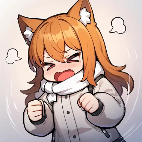 (8k, masterpiece, best quality, fine shadows, cinematic lighting, ultra high res), chibi, holo, red_eyes, long_hair, orange_hair, animal_ears, wolf_ears, wolf tail, thick jacket, fluffy scarf, white background, open mouth,solo,> <, Four hands,blush, clenched hands, upper body, hands up, wavy mouth, <lora:xl_æ è½çæ(tag):1>