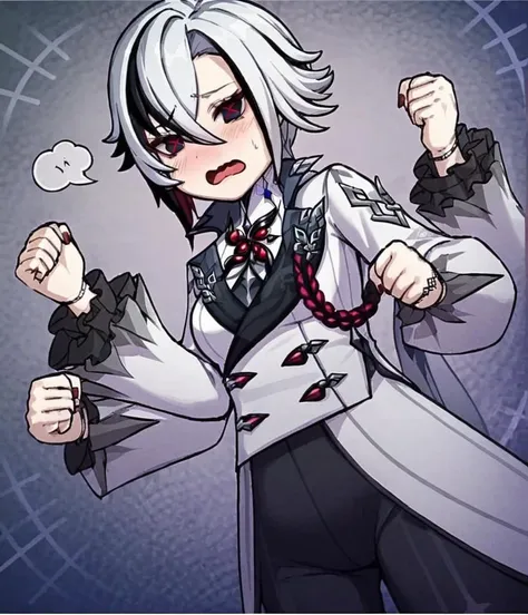 best quality, masterpiece, <lora:arlecchino_xl:1>, parted_lips, cowboy_shot, red_pupils, white_coat, highres, smile, black_hands, frilled_sleeves, multiple_rings, solo, red_nails, 1girl, arlecchino_\(genshin_impact\), long_sleeves, black_pants, open mouth,solo,> <, Four hands,blush, clenched hands, upper body, hands up, wavy mouth, <lora:xl_æ è½çæ(tag):1>