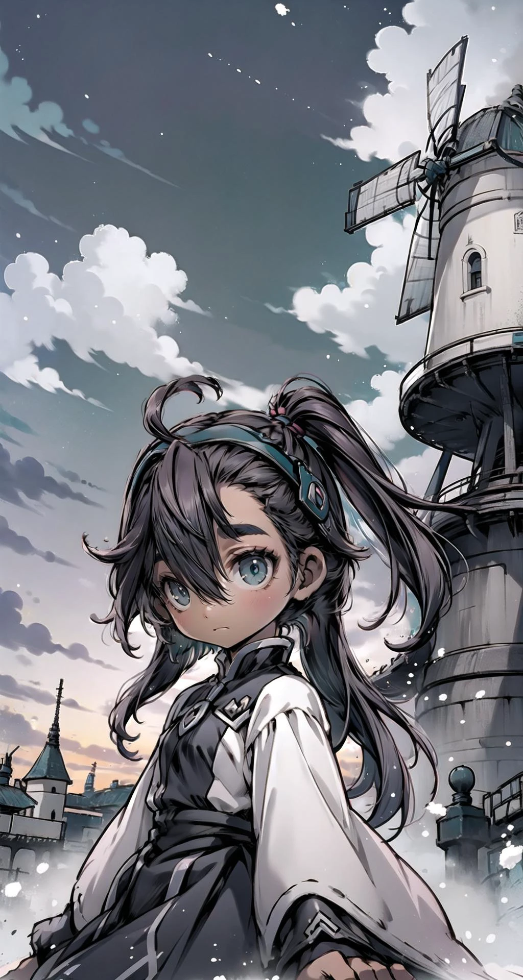 (masterpiece),(intricate details),1girl,mature female,pale skin,huge breasts:1.49,scoffing _face,
BREAK
sulletamercury, <lora:sulletatest:1>, sulleta mercury, ahoge, aqua eyes, black hairband, dark skin, dark-skinned femaile, hair between eyes, hairband, long hair, low ponytail, red hair, swept bangs, thick eyebrows, (small breast:1.2), BREAK asticassia school uniform, jacket, long sleeves, school uniform, white jacket|,
((sit on the A charming countryside windmill stands as a symbol of days gone by, its rotating blades set against a backdrop of rolling fields and endless skies.)),((upper body,portrait)),from below:1.1,depth of field,looking at viewer
BREAK
sunset,dusk,((cumulonimbus)), <lora:Watercolor_reg:0.55>,
<lora:mo:0.55>, ink splash,<lora:maplestory_2_ver1:1>