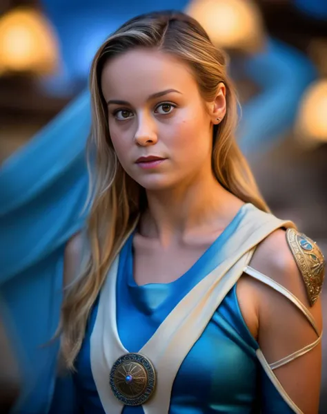 BrieLarson, photograph, Mannerism Art, Adorable Syrian Female, wearing Labyrinthine costume, at Blue hour, Phase One XF IQ4 150MP, telephoto lens, Muted Colors, League of Legends Splash Art, art by Alberto Magnelli,art by Don Bergland, <lora:BrieLarsonSDXL:1>