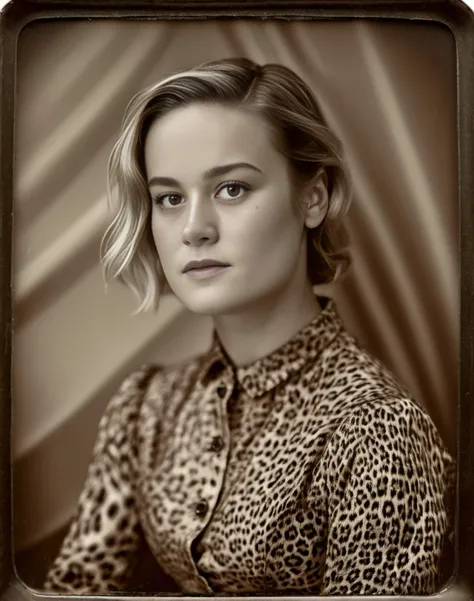 BrieLarson, (art by William Holman Hunt:0.8) , photograph, Female, Printer, plain leopard print background, tilt shift, film grain, Canon R5, 35mm, Ambrotype, <lora:BrieLarsonSDXL:1>