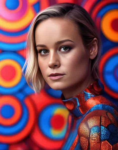 BrieLarson,<lora:BrieLarsonSDXL:1>, cinematic photo (full-body:1.85) A futuristic portrait of a beautiful young woman on a simple paper studio background with a strong colourful intricate circular geometrical pattern, geometrical makeup, (highly detailed skin texture:1.6), pores, high contrast . 35mm photograph, film, bokeh, professional, 4k, highly detailed