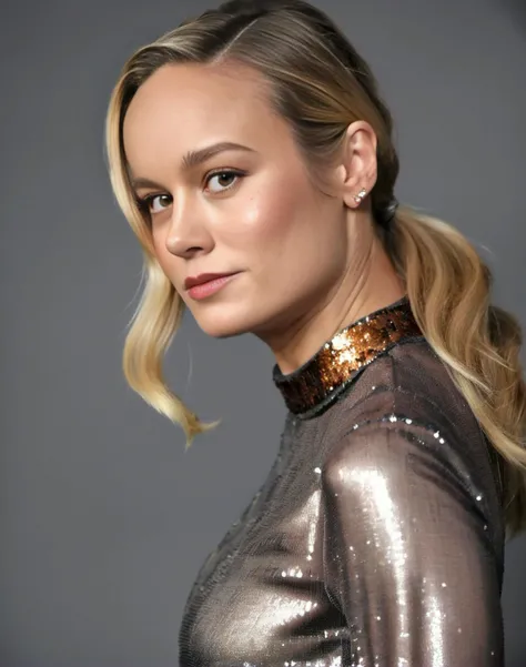BrieLarson,<lora:BrieLarsonSDXL:1>The image features a beautiful woman wearing a dark grey sequin dress, which is adorned with bronze sequins. She is posing for the camera, with her hand on her chin, lipstick, and her long hair is styled in a ponytail. The woman appears to be confident and poised, showcasing her elegant attire and striking appearance.