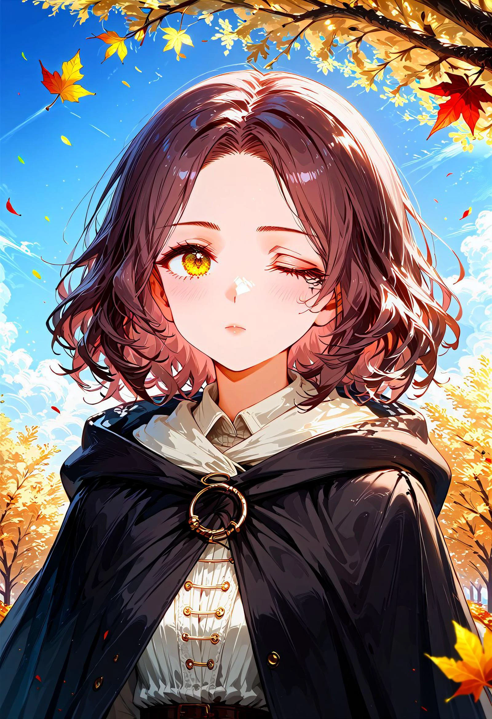 1girl, brown cloak, brown hair, cape, cloak, closed mouth, falling leaves, hood, hood down, hooded cape, hooded cloak, leaf, medium hair, one-eyed, one eye closed, outdoors, solo, yellow eyes, melina, score_9, score_8_up, score_7_up, rays of light break through the leaves. vibrant, beautiful, artistic, intricate details, clear face, eldenscene, w3ers, dramatic, soft focus, Detailed illustration, ethereal, magical atmosphere, limited palette with soft colors, (pastel gold and brown and black theme, pastel colors, pastel drawing, delicate blending, expressive, pencil art), noisy lines, very aesthetic,(intricate details), (hyperdetailed), (soft focus:1.1), 8K,masterpiece, best quality , <lora:xl_more_art-full_v1.safetensors:0.65:0.65> <lora:RMSDXL_Enhance.safetensors:1:1> <lora:eldenscene-09.safetensors:0.8:0.8> <lora:w3ers.safetensors:0.7000000000000001:0.7000000000000001> <lora:Melina_XLPD.safetensors:0.8:0.8> <lora:Concept Art Twilight Style SDXL_LoRA_Pony Diffusion V6 XL.safetensors:0.8:0.8> <lora:Expressive_H-000001.safetensors:0.8:0.8> <lora:hentai_anime_style_xl_v1.safetensors:0.8:0.8>;