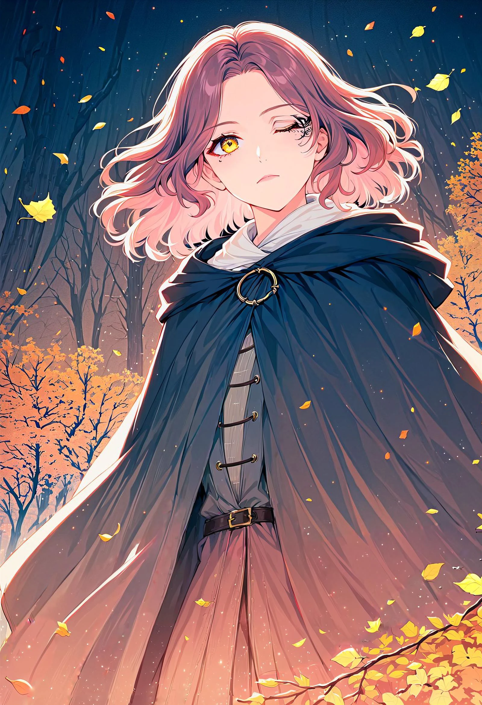 1girl, brown cloak, brown hair, cape, cloak, closed mouth, falling leaves, hood, hood down, hooded cape, hooded cloak, leaf, medium hair, one-eyed, one eye closed, outdoors, solo, yellow eyes, autumn forest, melina, score_9, score_8_up, score_7_up, rays of light break through the leaves. vibrant, beautiful, artistic, intricate details, clear face, eldenscene, w3ers, dramatic, soft focus, Detailed illustration, ethereal, magical atmosphere, limited palette with soft colors, (pastel gold and brown and black theme, pastel colors, pastel drawing, delicate blending, expressive, pencil art), noisy lines, very aesthetic,(intricate details), (hyperdetailed), (soft focus:1.1), 8K,masterpiece, best quality , <lora:xl_more_art-full_v1.safetensors:0.65:0.65> <lora:RMSDXL_Enhance.safetensors:1:1> <lora:eldenscene-09.safetensors:0.8:0.8> <lora:w3ers.safetensors:0.7000000000000001:0.7000000000000001> <lora:Melina_XLPD.safetensors:0.8:0.8>