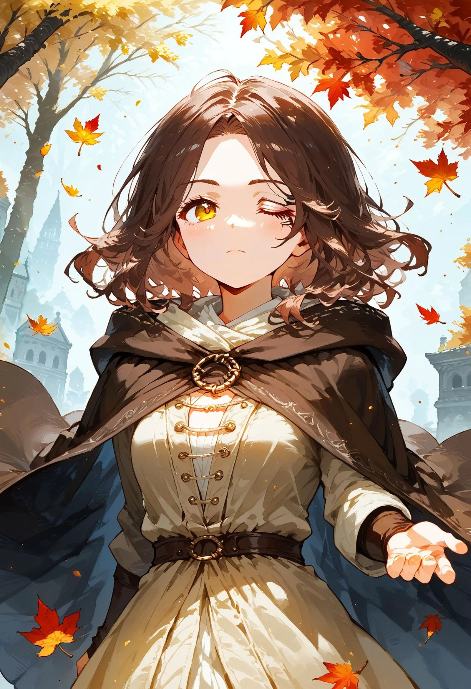 score_9, score_8_up, score_7_up, 1girl, brown cloak, brown hair, cape, cloak, closed mouth, falling leaves, hood, hood down, hooded cape, hooded cloak, leaf, medium hair, one-eyed, one eye closed, outdoors, solo, yellow eyes, watercolor painting. vibrant, beautiful, painterly, detailed, textural, artistic, intricate details, clear face, eldenscene, w3ers, <lora:xl_more_art-full_v1.safetensors:0.65:0.65> <lora:RMSDXL_Enhance.safetensors:1:1> <lora:eldenscene-09.safetensors:0.8:0.8> <lora:w3ers.safetensors:0.7000000000000001:0.7000000000000001> <lora:Melina_XLPD.safetensors:0.8:0.8> <lora:Concept Art Twilight Style SDXL_LoRA_Pony Diffusion V6 XL.safetensors:0.8:0.8> <lora:Expressive_H-000001.safetensors:0.8:0.8> <lora:hentai_anime_style_xl_v1.safetensors:0.8:0.8>