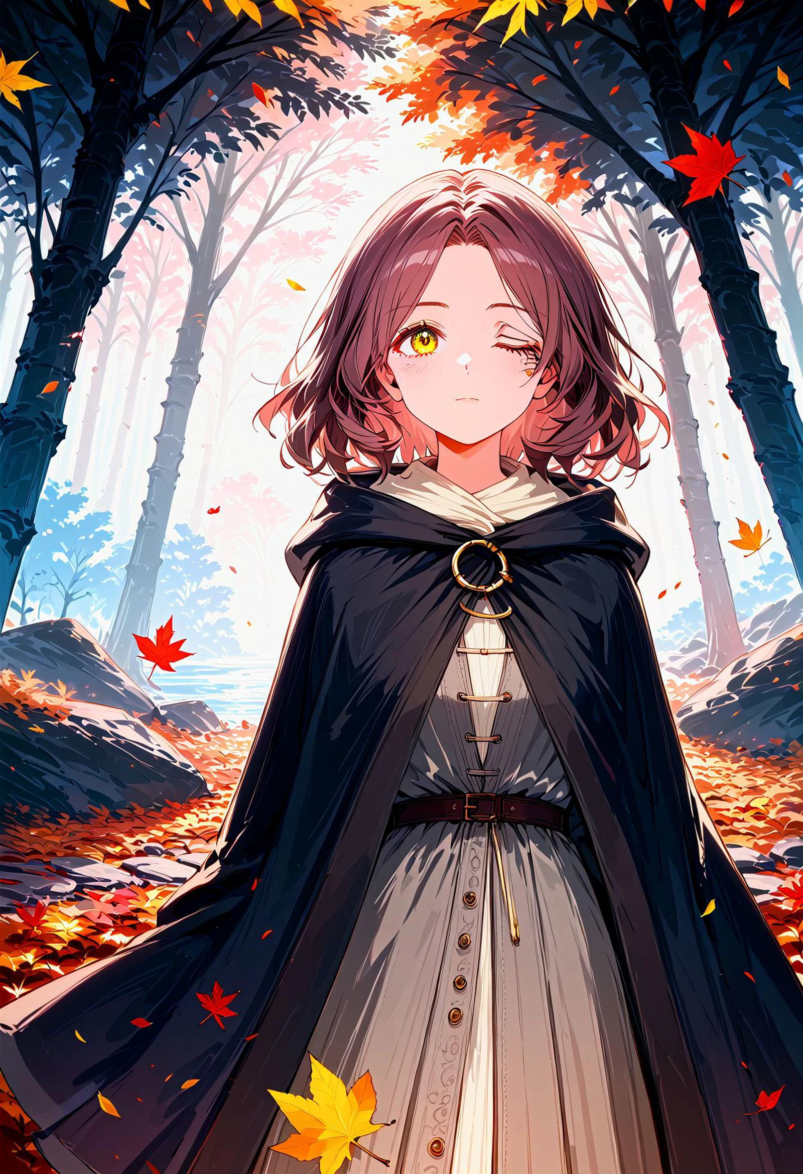 1girl, brown cloak, brown hair, cape, cloak, closed mouth, falling leaves, hood, hood down, hooded cape, hooded cloak, leaf, medium hair, one-eyed, one eye closed, outdoors, solo, yellow eyes, autumn forest, melina, score_9, score_8_up, score_7_up, rays of light break through the leaves. vibrant, beautiful, artistic, intricate details, clear face, eldenscene, w3ers, dramatic, soft focus, Detailed illustration, ethereal, magical atmosphere, limited palette with soft colors, (pastel gold and brown and black theme, pastel colors, pastel drawing, delicate blending, expressive, pencil art), noisy lines, very aesthetic,(intricate details), (hyperdetailed), (soft focus:1.1), 8K,masterpiece, best quality , <lora:xl_more_art-full_v1.safetensors:0.65:0.65> <lora:RMSDXL_Enhance.safetensors:1:1> <lora:eldenscene-09.safetensors:0.8:0.8> <lora:w3ers.safetensors:0.7000000000000001:0.7000000000000001> <lora:Melina_XLPD.safetensors:0.8:0.8>;