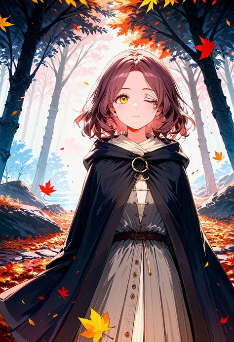 1girl, brown cloak, brown hair, cape, cloak, closed mouth, falling leaves, hood, hood down, hooded cape, hooded cloak, leaf, medium hair, one-eyed, one eye closed, outdoors, solo, yellow eyes, autumn forest, melina,   score_9, score_8_up, score_7_up, rays of light break through the leaves. vibrant, beautiful, artistic, intricate details, clear face,  eldenscene, w3ers,  dramatic, soft focus, Detailed illustration, ethereal, magical atmosphere, limited palette with soft colors, (pastel gold and brown and black theme, pastel colors, pastel drawing, delicate blending, expressive, pencil art), noisy lines,  very aesthetic,(intricate details), (hyperdetailed), (soft focus:1.1), 8K,masterpiece, best quality , <lora:xl_more_art-full_v1.safetensors:0.65:0.65> <lora:RMSDXL_Enhance.safetensors:1:1> <lora:eldenscene-09.safetensors:0.8:0.8> <lora:w3ers.safetensors:0.7000000000000001:0.7000000000000001> <lora:Melina_XLPD.safetensors:0.8:0.8>;