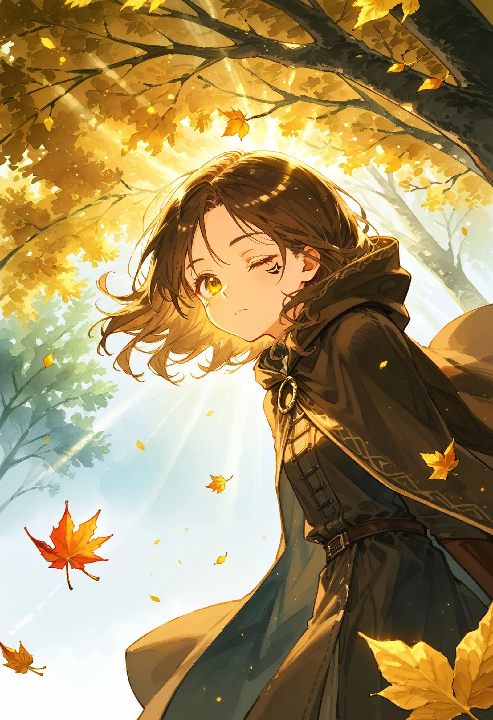 score_9, score_8_up, score_7_up, 1girl, brown cloak, brown hair, cape, cloak, closed mouth, facial tattoo, falling leaves, hood, hood down, hooded cape, hooded cloak, leaf, medium hair, one-eyed, one eye closed, outdoors, solo, yellow eyes, watercolor painting, golden theme, rays of light break through the leaves. vibrant, beautiful, painterly, detailed, textural, artistic, intricate details, clear face, eldenscene, w3ers , <lora:xl_more_art-full_v1.safetensors:0.65:0.65> <lora:RMSDXL_Enhance.safetensors:1:1> <lora:eldenscene-09.safetensors:0.8:0.8> <lora:w3ers.safetensors:0.7000000000000001:0.7000000000000001> <lora:Melina_XLPD.safetensors:0.55:0.55>;
