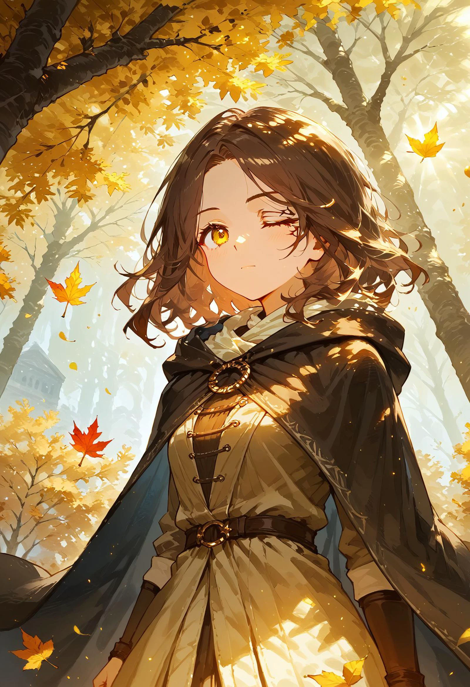 score_9, score_8_up, score_7_up, 1girl, brown cloak, brown hair, cape, cloak, closed mouth, falling leaves, hood, hood down, hooded cape, hooded cloak, leaf, medium hair, one-eyed, one eye closed, outdoors, solo, yellow eyes, watercolor painting, golden theme, rays of light break through the leaves. vibrant, beautiful, painterly, detailed, textural, artistic, intricate details, clear face, eldenscene, w3ers , <lora:xl_more_art-full_v1.safetensors:0.65:0.65> <lora:RMSDXL_Enhance.safetensors:1:1> <lora:eldenscene-09.safetensors:0.8:0.8> <lora:w3ers.safetensors:0.7000000000000001:0.7000000000000001> <lora:Melina_XLPD.safetensors:0.8:0.8> <lora:Concept Art Twilight Style SDXL_LoRA_Pony Diffusion V6 XL.safetensors:0.8:0.8> <lora:Expressive_H-000001.safetensors:0.8:0.8> <lora:hentai_anime_style_xl_v1.safetensors:0.8:0.8>;