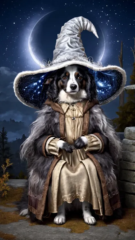 dog (((wearing ranni-outfit))), 
 looking at viewer,
full moon, sitting,
enigmatic smile,
starry sky,
 <lora:armorify:1>
 <lora:w3ers:0.7>w3ers,
 <lora:Realistic000003_1_2.5DAnime_0.05_Merge1:0.8>