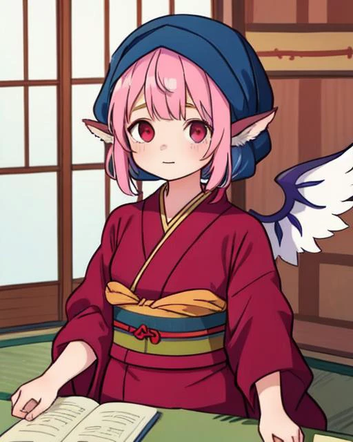 <lora:oka_mysty_v4:0.7>, 1girl, solo, animal_ears, sash code, tasuki, white_tasuki wings, OKMS, okamisty, mystia lorelei, (maroon_kimono:1.2), blue_headscarf, indigo blue_apron, indoors, pink hair, aged_up, anime_coloring