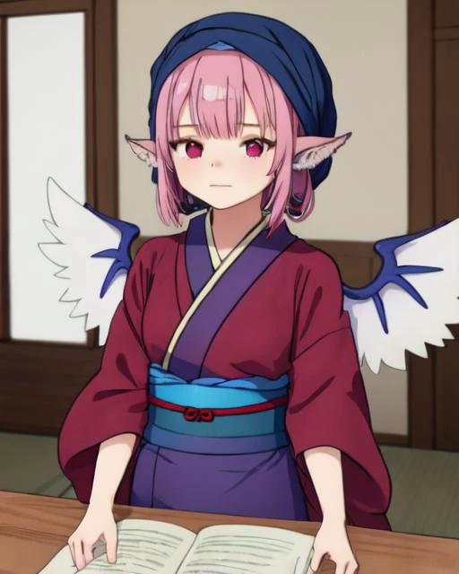 <lora:oka_mysty_v4:0.7>, 1girl, solo, animal_ears, sash code, tasuki, (white_tasuki wings:1.2), OKMS, okamisty, mystia lorelei, (maroon_kimono:1.2), blue_headscarf, indigo blue_apron, indoors, pink hair, aged_up, anime_coloring