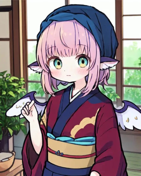 <lora:oka_mysty_v4:0.7>, woman, solo, animal_ears, sash code, tasuki, white_tasuki wings, OKMS, okamisty, mystia lorelei, (maroon_kimono:1.2), blue_headscarf, indigo blue_apron, indoors, pink hair, aged_up, anime_coloring