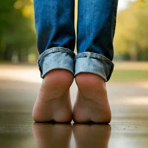 young white woman, wearing rolled up blue jeans, barefoot, foot focus, close up, tiptoes, standing on concrete, blurry background, rear view, trees <lora:hog_real51v0.5:0.5>