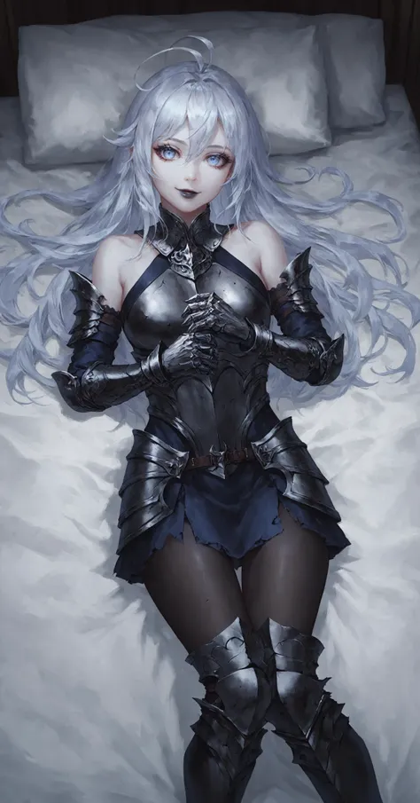 score_9, score_8_up, score_7_up,
vl4dil3n4, silver hair, ahoge, pale skin, undead, blue eyes, black lips, cute face, standing at attention, looking at viewer, black armor, fallen to evil, breastplate, bare shoulders, evil smile, lying on bed
<lora:vl4dil3n4-ponyxl-1-000009:0.7> <lora:Concept Art Twilight Style SDXL_LoRA_Pony Diffusion V6 XL:0.8>