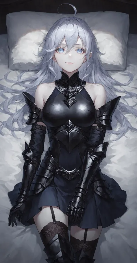 score_9, score_8_up, score_7_up,
vl4dil3n4, silver hair, ahoge, pale skin, undead, blue eyes, standing at attention, looking at viewer, black armor, fallen to evil, breastplate, bare shoulders, evil smile, lying on bed
<lora:vl4dil3n4-ponyxl-1-000009:0.7> <lora:Concept Art Twilight Style SDXL_LoRA_Pony Diffusion V6 XL:0.8>