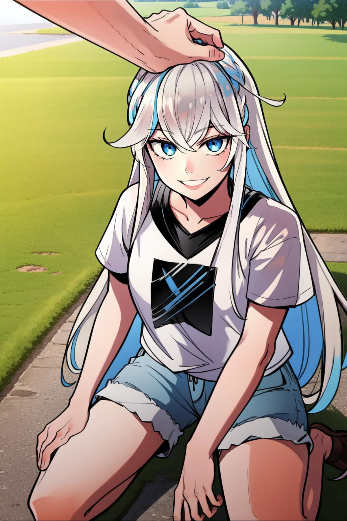 (masterpiece, best quality), intricate details,
1girl, <lora:cheon_dohwa:0.8> white hair, blue eyes, shorts, tshirt,
<lora:HeadpatPOV:0.8> HeadpatPOV, pov, headpat, kneeling, from above, smiling,