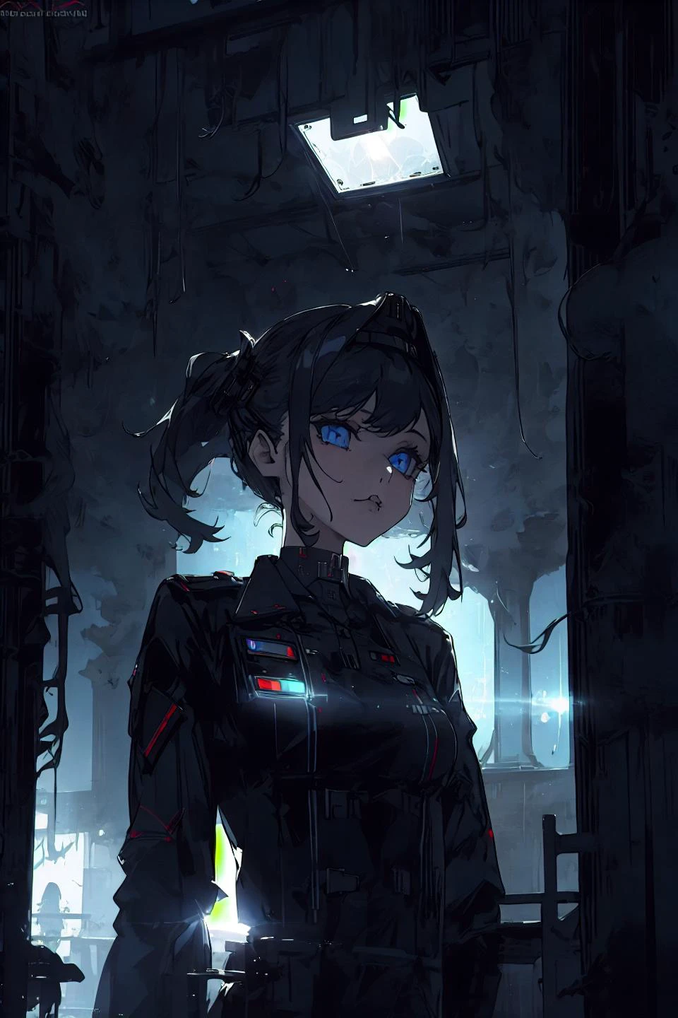 1girl, gothic, futuristic, taking a selfie, futuristic background, <lora:ghostdom_20230621222536:1>, ghostdom, night, backlight, ceiling LEDs, military uniform