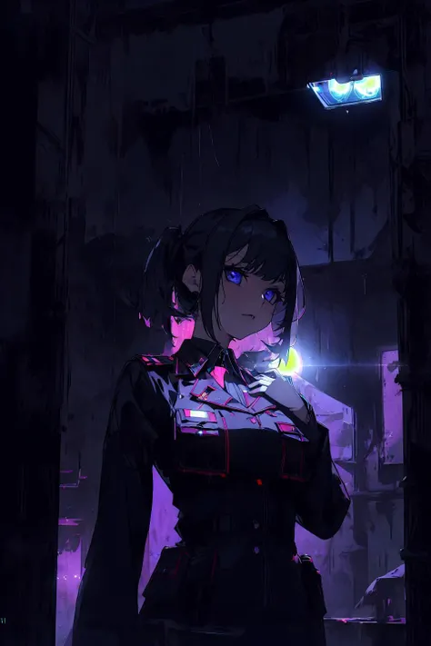 1girl, gothic, futuristic, taking a selfie, futuristic background, <lora:ghostdom_20230621222536:1>, ghostdom, night, backlight, ceiling LEDs, military uniform