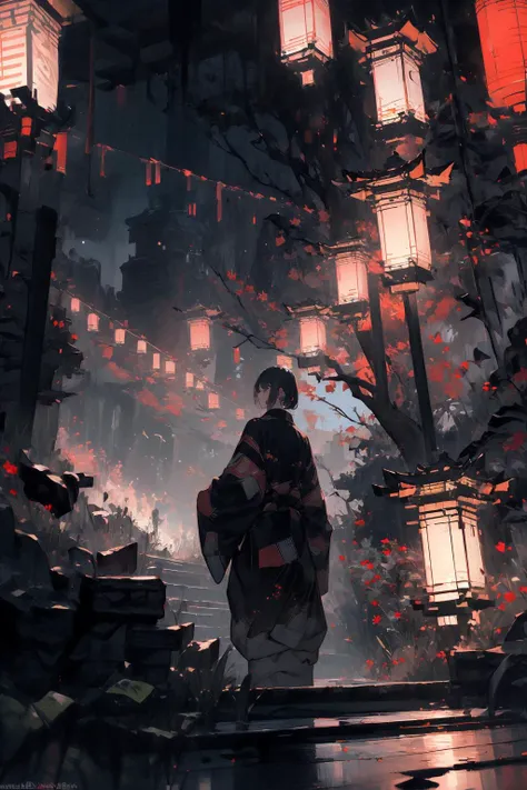 (masterpiece:1.2), best quality,realistic,Tyndall effect,
night, lantern, tree, scenery, outdoors, 1boy, solo, black hair, japanese clothes, from behind, male focus, standing, east asian architecture, architecture, sky, night sky, stairs, facing away,
<lora:ghostdom_20230621222536-000019:1>