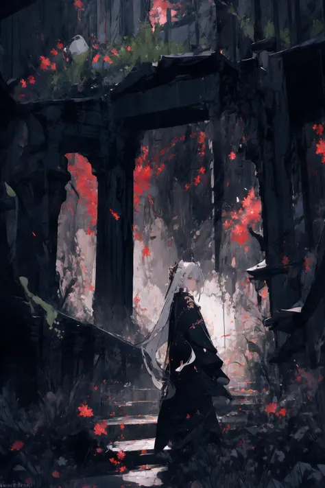 (masterpiece:1.2), best quality,realistic,Tyndall effect,
1girl, scenery, solo, stairs, long hair, ruins, standing, from behind, outdoors, artist name, white hair, wide shot, overgrown, facing away,Red lycoris,
 <lora:ghostdom_20230621222536-000019:1>